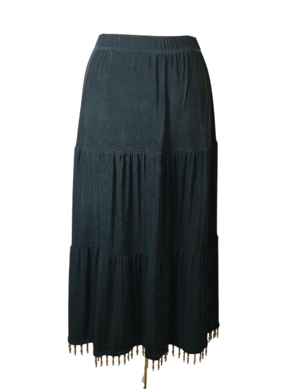 Chicos Travelers Sz 2 Maxi Olivia Skirt Black Beaded Fringe Hem Tiered Designer